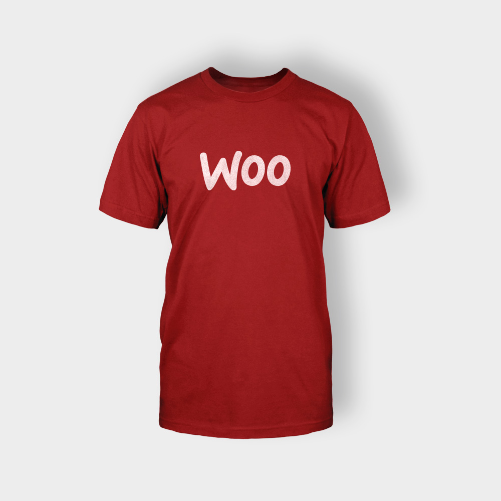 A red shirt with the word woo written in white.