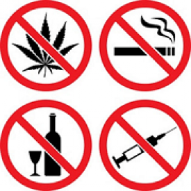 Four different red and white signs with a marijuana leaf, cigarette, alcohol, and no smoking.